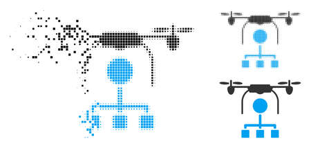 Drone distribution icon in dissolved, pixelated halftone and undamaged variants. Cells are grouped into vector disappearing drone distribution icon. Disappearing effect uses rectangular dots.のイラスト素材