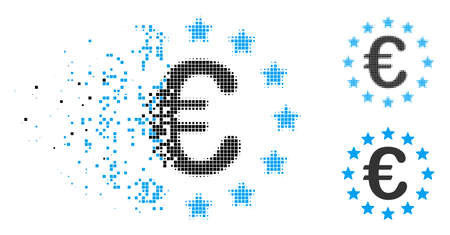 European union icon in dispersed, pixelated halftone and undamaged versions. Particles are grouped into vector dispersed European union icon. Disappearing effect involves rectangular particles.のイラスト素材