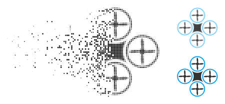 Air drone icon in dispersed, pixelated halftone and undamaged variants. Fragments are grouped into vector dispersed air drone form. Disappearing effect involves rectangular dots.のイラスト素材