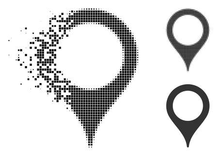 Map marker icon in dissolved, pixelated halftone and original versions. Particles are grouped into vector dissipated map marker icon. Disintegration effect involves square particles.のイラスト素材