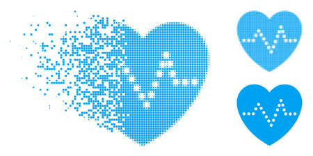 Heart pulse icon in dissolved, pixelated halftone and undamaged variants. Fragments are combined into vector dissolving heart pulse icon. Disintegration effect uses square scintillas.のイラスト素材