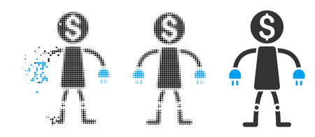 Bank robot icon in dispersed, pixelated halftone and original variants. Pieces are organized into vector disappearing bank robot figure. Disappearing effect involves square particles.のイラスト素材