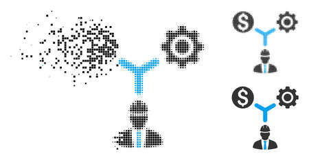 Development relations icon in fractured, dotted halftone and undamaged variants. Fragments are composed into vector disappearing development relations shape. Disappearing effect uses square dots.のイラスト素材