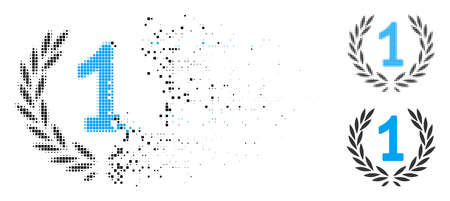 First laurel wreath icon in dispersed, pixelated halftone and undamaged versions. Pieces are combined into vector disappearing first laurel wreath icon. Disappearing effect involves square scintillas.のイラスト素材