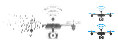 Radio camera airdrone icon in fractured, dotted halftone and undamaged variants. Pixels are organized into vector disappearing radio camera airdrone pictogram.のイラスト素材