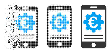 Euro mobile banking configuration icon in fractured, pixelated halftone and entire variants. Particles are organized into vector dissolving Euro mobile banking configuration shape.のイラスト素材