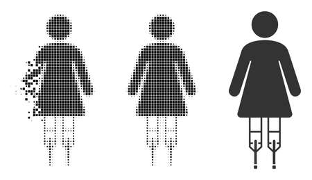 Woman crutches icon in dispersed, pixelated halftone and solid versions. Cells are arranged into vector disappearing woman crutches pictogram. Disappearing effect involves rectangular scintillas.のイラスト素材