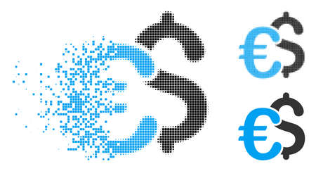 Euro and Dollar symbols icon in fractured, dotted halftone and undamaged versions. Cells are organized into vector disappearing Euro and Dollar symbols form.のイラスト素材