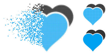 Love hearts icon in fragmented, pixelated halftone and original versions. Pixels are combined into vector disappearing love hearts icon. Disappearing effect uses rectangle dots.のイラスト素材