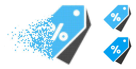 Percent discount tags icon in dispersed, dotted halftone and original variants. Particles are composed into vector dispersed percent discount tags icon. Disintegration effect uses square particles.のイラスト素材