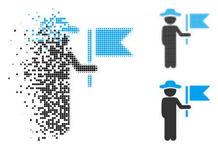 Gentleman commander icon in fractured, dotted halftone and original versions. Fragments are arranged into vector disappearing gentleman commander shape. Disappearing effect uses rectangle dots.のイラスト素材