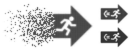 Exit direction icon in dissolved, pixelated halftone and whole versions. Pieces are composed into vector disappearing exit direction icon. Disappearing effect involves rectangular particles.のイラスト素材