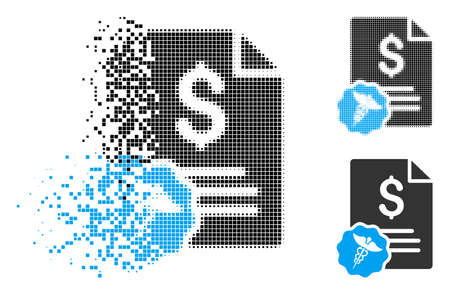 Medical invoice icon in fractured, dotted halftone and undamaged variants. Pixels are combined into vector disappearing medical invoice icon. Disappearing effect uses rectangular particles.のイラスト素材