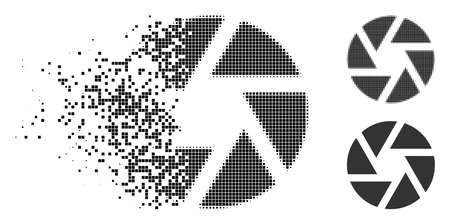 Shutter icon in fractured, pixelated halftone and whole variants. Points are combined into vector disappearing shutter figure. Disappearing effect involves square scintillas.のイラスト素材