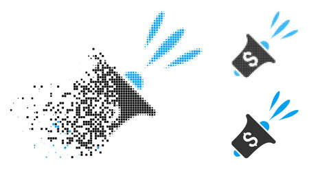 Financial news rupor icon in fragmented, dotted halftone and undamaged variants. Points are grouped into vector disappearing financial news rupor icon. Disappearing effect uses rectangular dots.のイラスト素材