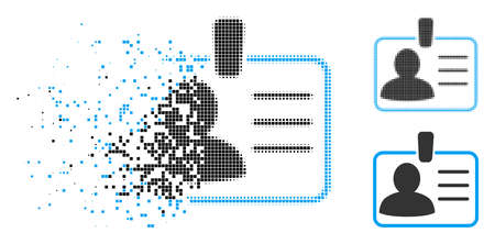 Personal badge icon in fragmented, dotted halftone and whole variants. Pixels are composed into vector dispersed personal badge icon. Disintegration effect uses rectangle dots.のイラスト素材