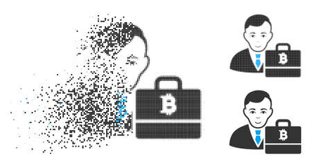Bitcoin accounter icon with face in dispersed, pixelated halftone and undamaged whole versions. Pixels are composed into vector disappearing Bitcoin accounter icon.のイラスト素材