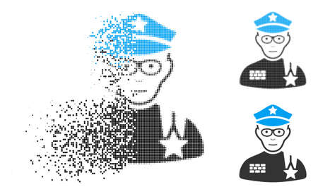 Army general icon with face in dispersed, dotted halftone and undamaged solid variants. Fragments are grouped into vector dispersed army general form. Disappearing effect involves rectangle dots.のイラスト素材