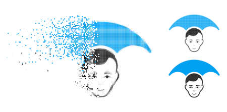 Head umbrella icon with face in fractured, pixelated halftone and undamaged whole variants. Particles are composed into vector dissolving head umbrella form. Disappearing effect uses square dots.のイラスト素材