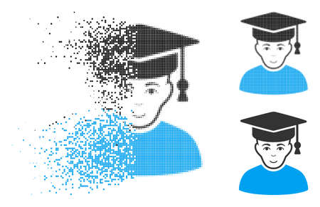 Professor icon with face in fractured, pixelated halftone and undamaged whole variants. Particles are grouped into vector dispersed professor icon. Disintegration effect uses square particles.のイラスト素材