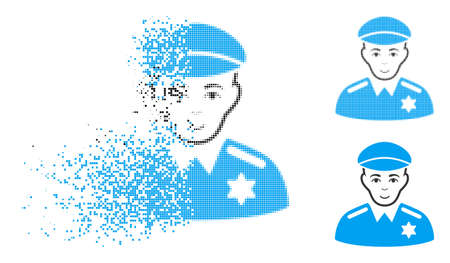 Sheriff icon with face in dispersed, pixelated halftone and undamaged whole versions. Points are composed into vector disappearing sheriff icon. Disintegration effect involves rectangle dots.のイラスト素材