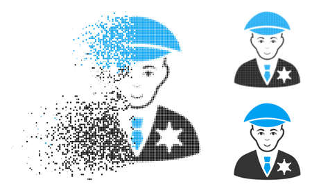 Sheriff icon with face in dispersed, pixelated halftone and undamaged entire versions. Elements are arranged into vector sparkle sheriff icon. Disappearing effect involves rectangular particles.のイラスト素材