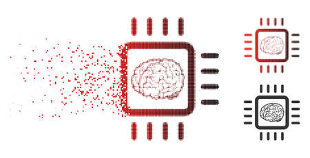 Neural chip icon in dispersed, pixelated halftone and undamaged whole variants. Fragments are...