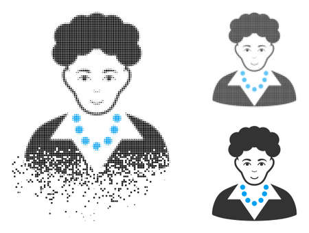 Brunette woman icon with face in disappearing, dotted halftone and undamaged solid variants. Fragments are combined into vector disappearing brunette woman symbol.のイラスト素材