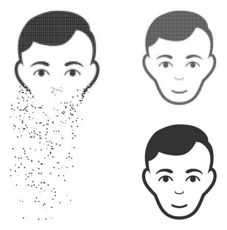 Man face icon with face in disappearing, pixelated halftone and undamaged solid variants. Cells are arranged into vector dissipated man face icon. Disappearing effect involves small particles.のイラスト素材