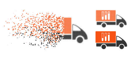 Analysis delivery icon in disappearing, dotted halftone and undamaged entire versions. Points are grouped into vector disappearing analysis delivery icon. Disappearing effect uses square particles.のイラスト素材