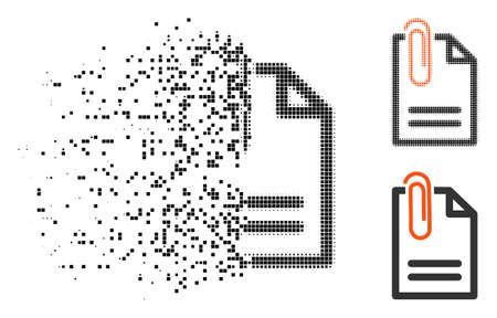 Attach document icon in disappearing, pixelated halftone and undamaged whole variants. Fragments are arranged into vector disappearing attach document icon.のイラスト素材