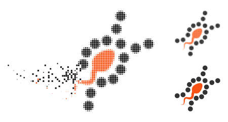 DNA replication icon in dissolving, dotted halftone and undamaged entire versions. Points are organized into vector dissolving DNA replication shape. Disappearing effect uses rectangle points.のイラスト素材