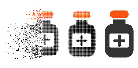 Drugs bottle icon in disappearing, pixelated halftone and undamaged whole variants. Cells are organized into vector dissipated drugs bottle icon. Disappearing effect uses rectangle points.のイラスト素材