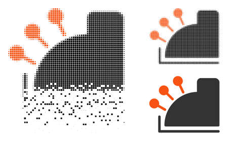 Cash machine icon in dispersed, pixelated halftone and undamaged entire variants. Fragments are composed into vector dissipated cash machine icon. Disintegration effect involves rectangle dots.のイラスト素材