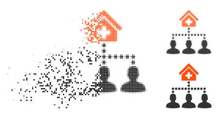 Drugstore clients icon in dissolved, pixelated halftone and undamaged solid variants. Points are grouped into vector disappearing drugstore clients pictogram.のイラスト素材