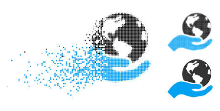 Earth care icon in dissolving, dotted halftone and undamaged entire variants. Points are arranged into vector dissolving Earth care icon. Disintegration effect uses square dots.のイラスト素材