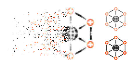 Global medical network icon in disappearing, dotted halftone and undamaged entire versions. Fragments are arranged into vector disappearing global medical network pictogram.のイラスト素材