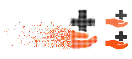 Health care donation icon in dissipating, dotted halftone and undamaged entire versions. Elements are organized into vector disappearing health care donation form.のイラスト素材