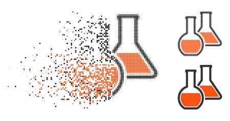 Glass flasks icon in fractured, dotted halftone and undamaged solid versions. Fragments are grouped into vector disappearing glass flasks figure. Disappearing effect involves rectangular pixels.のイラスト素材