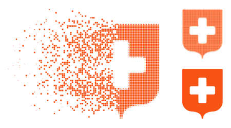 Medical shield icon in dissipating, dotted halftone and undamaged solid variants. Points are arranged into vector dissipated medical shield icon. Disintegration effect uses square points.のイラスト素材