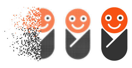 Infant icon in dissipating, pixelated halftone and undamaged whole variants. Points are organized into vector disappearing infant symbol. Disintegration effect involves rectangle points.のイラスト素材