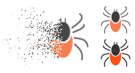 Mite icon in disappearing, pixelated halftone and undamaged whole variants. Pixels are arranged into...