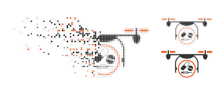 Medication quadcopter icon in disappearing, pixelated halftone and undamaged whole versions. Points are arranged into vector dispersed medication quadcopter form.のイラスト素材