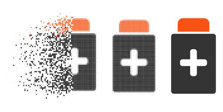 Medication bottle icon in dissipating, pixelated halftone and undamaged solid variants. Points are organized into vector dissipated medication bottle icon. Disintegration effect uses rectangle pixels.のイラスト素材