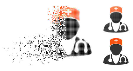 Physician icon in disappearing, dotted halftone and undamaged solid variants. Pixels are combined into vector disappearing physician shape. Disintegration effect uses rectangle pixels.のイラスト素材