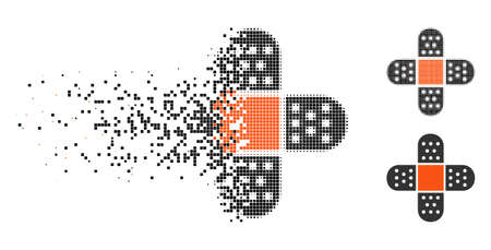 Plaster icon in disappearing, pixelated halftone and undamaged entire versions. Pixels are arranged into vector dissipated plaster icon. Disappearing effect involves rectangle pixels.のイラスト素材