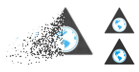 Terra triangle icon in disappearing, pixelated halftone and undamaged entire variants. Particles are grouped into vector dissipated terra triangle pictogram.のイラスト素材