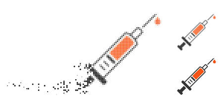 Vaccination icon in fractured, dotted halftone and undamaged solid versions. Particles are grouped into vector dispersed vaccination icon. Disappearing effect uses rectangular particles.のイラスト素材