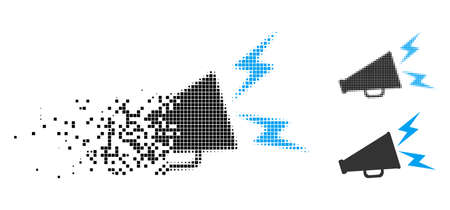 Alert megaphone icon in dissipating, dotted halftone and undamaged whole variants. Points are grouped into vector dissipated alert megaphone shape. Disintegration effect involves square points.のイラスト素材