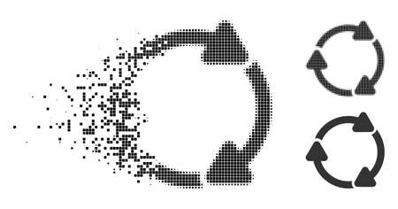Rotate CW icon in disappearing, dotted halftone and undamaged solid versions. Pieces are arranged into vector disappearing rotate CW pictogram. Disappearing effect uses rectangle particles.のイラスト素材
